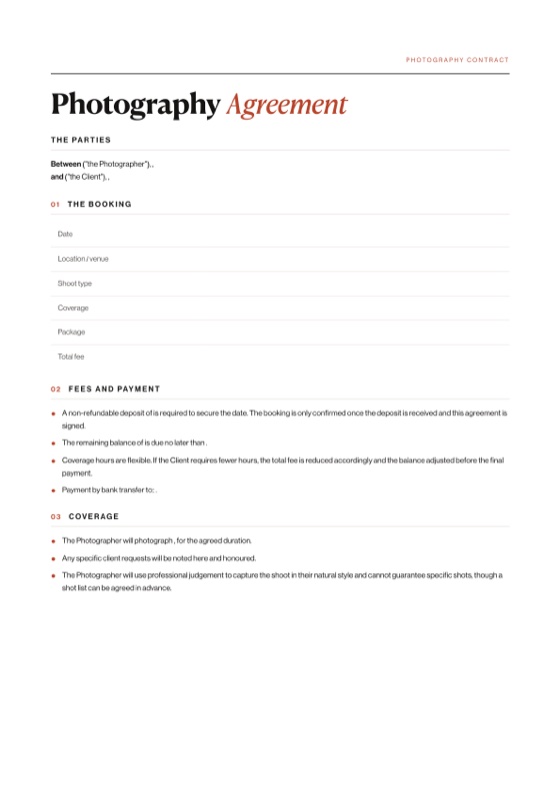 Photography contract template preview