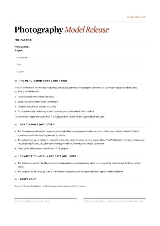 Model release template preview