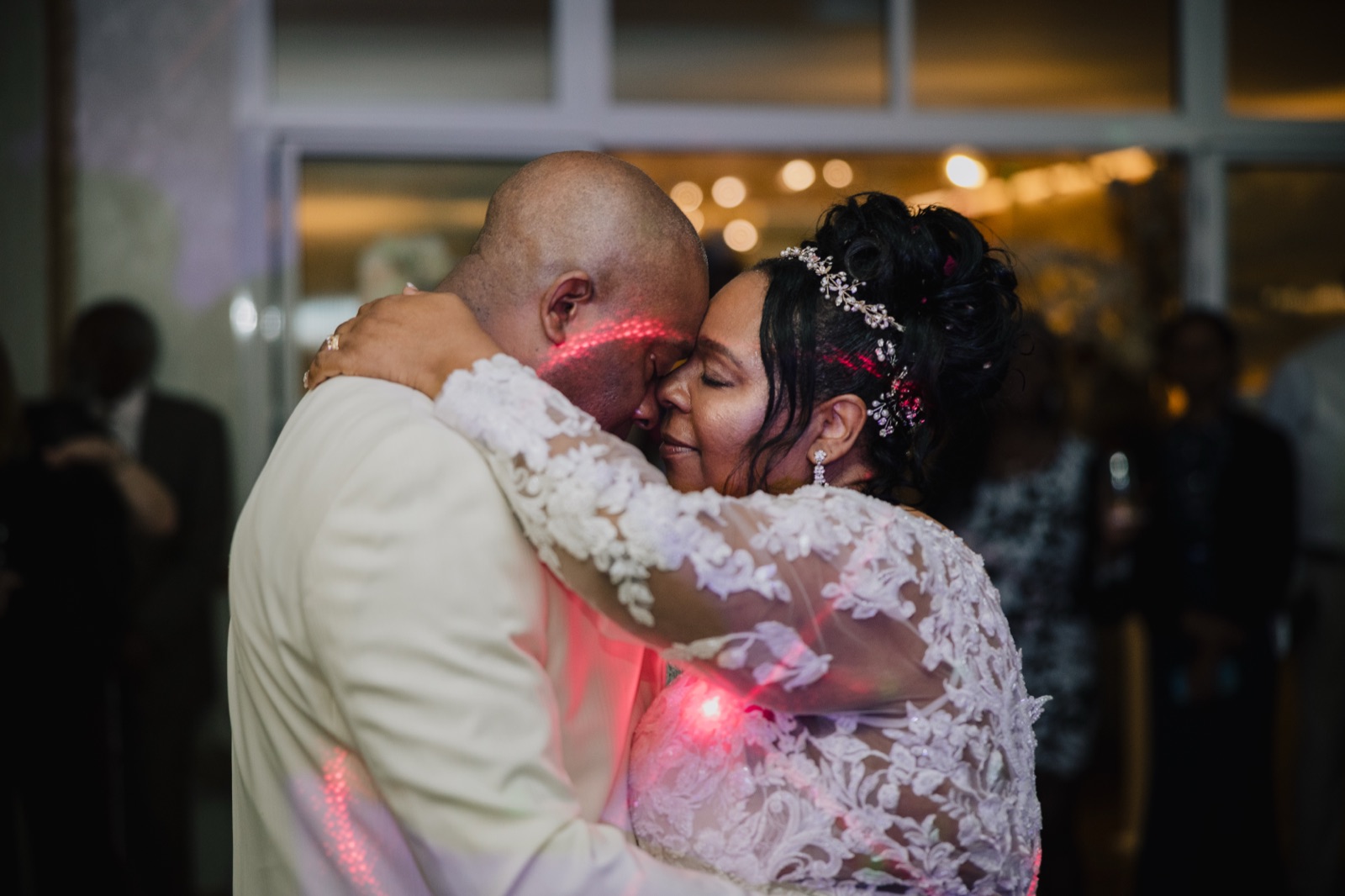 Carl and Tracey first dance at Fairlawns Hotel evening reception with atmospheric lighting