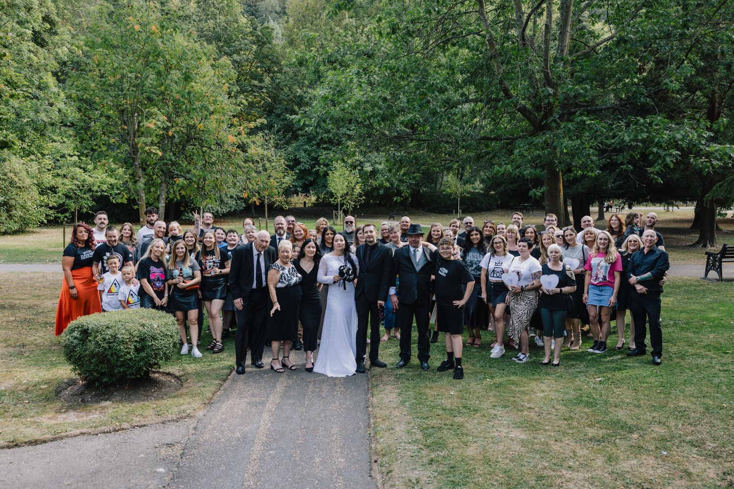 All the wedding guests gathered in the grounds of the Valley Hotel, Ironbridge, after the ceremony
