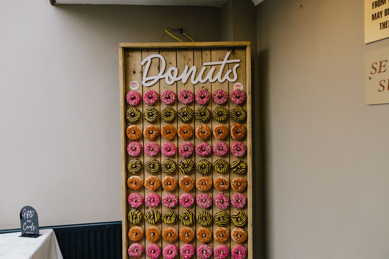 Donut wall at Joe and Tara's wedding reception at the Valley Hotel, Ironbridge